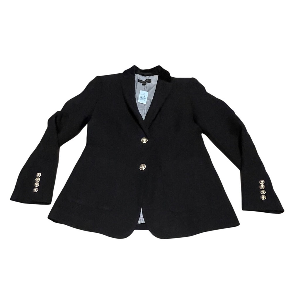 Ann Taylor The Greenwich Black Textured Blazer Velvet Collar Gold Buttons 2P I09